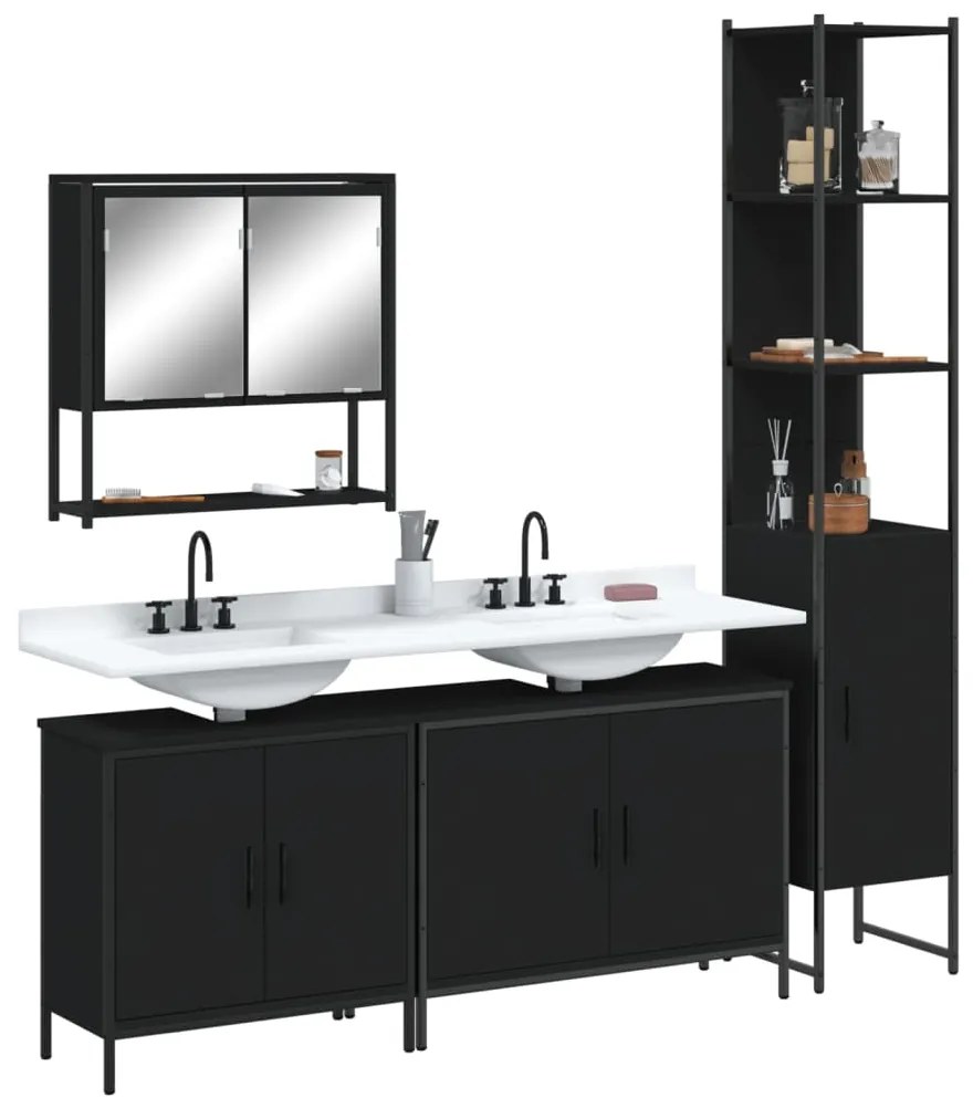 vidaXL Set mobilier de baie, 4 piese, negru, lemn prelucrat