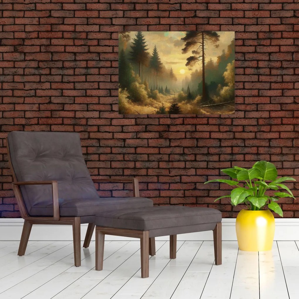 Tablou pe sticlă - Soare strălucind prin pădure (70x50 cm)