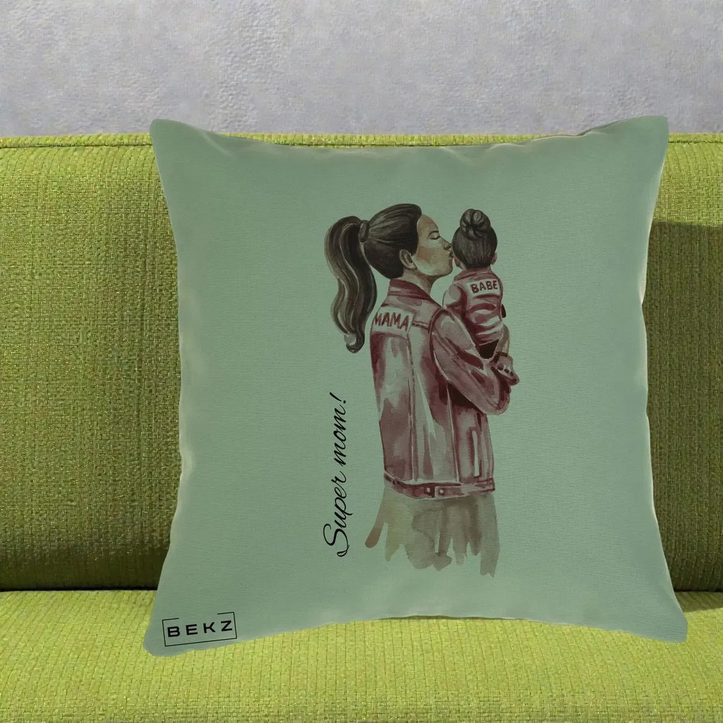 Cadou pentru Mama - Perna Personalizata Super Mom Jachete Roz, 40x40 cm, Verde, Husa Detasabila, Perna Inclusa, BEKZ®