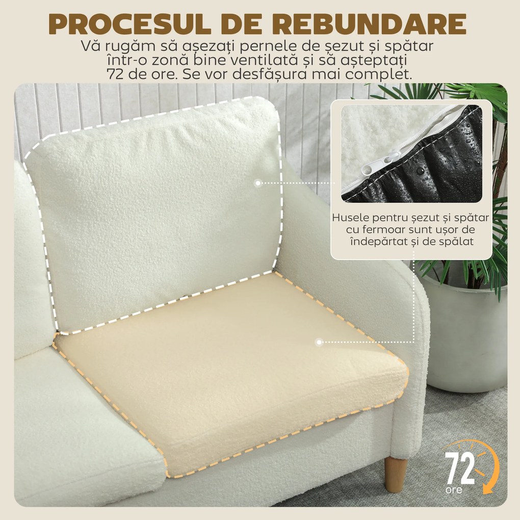 HOMCOM Divan 2 Locuri Imbottit în Sherpa cu Perne Detașabile, Picioare din Lemn de Eucalipt, Design Compact pentru Living, 137x69x82 cm, Crem | Aosom Romania