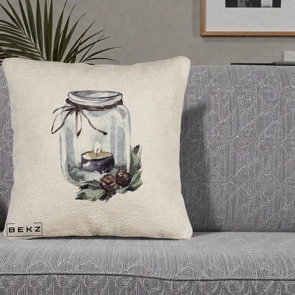 Perna Decorativa Felinar cu Lumanare si Conuri, 40x40 cm, Bej Canapea, Husa Detasabila, Perna Inclusa, BEKZ®
