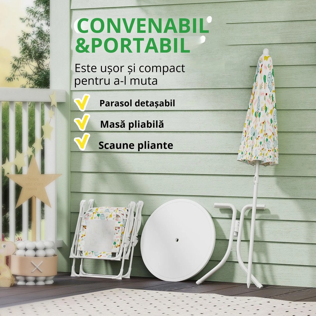 AIYAPLAY Set de Mobilier de Grădină din 4 Piese cu Masă, Scaune și Umbrelă de Soare Reglabilă, 50xΦ49,5 cm, Verde | Aosom Romania