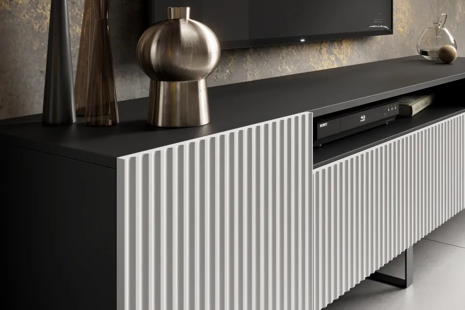 Comodă TV NOEMI Stand – 200x41x53 cm – Alb / Negru