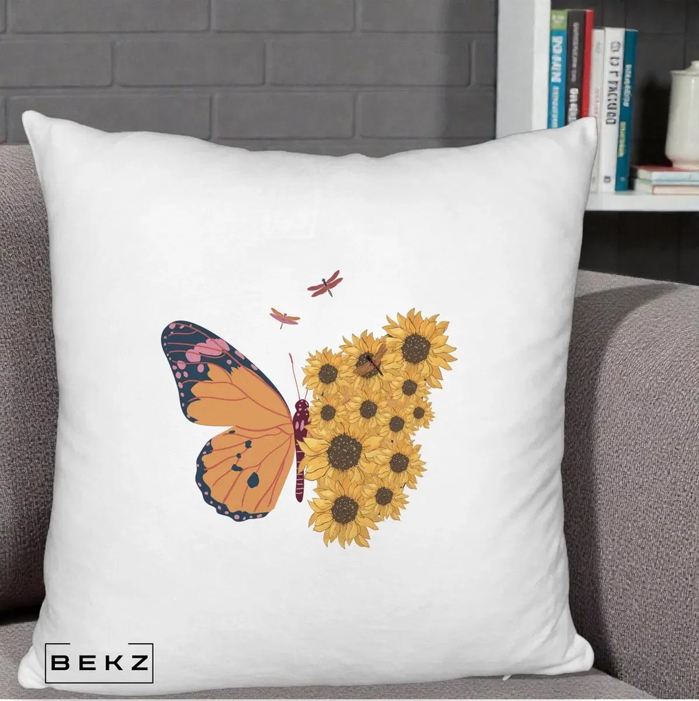 Perna Decorativa Fluture Floarea-Soarelui, 40x40 cm, Alb Pufos, Husa Detasabila, Perna Inclusa, BEKZ®