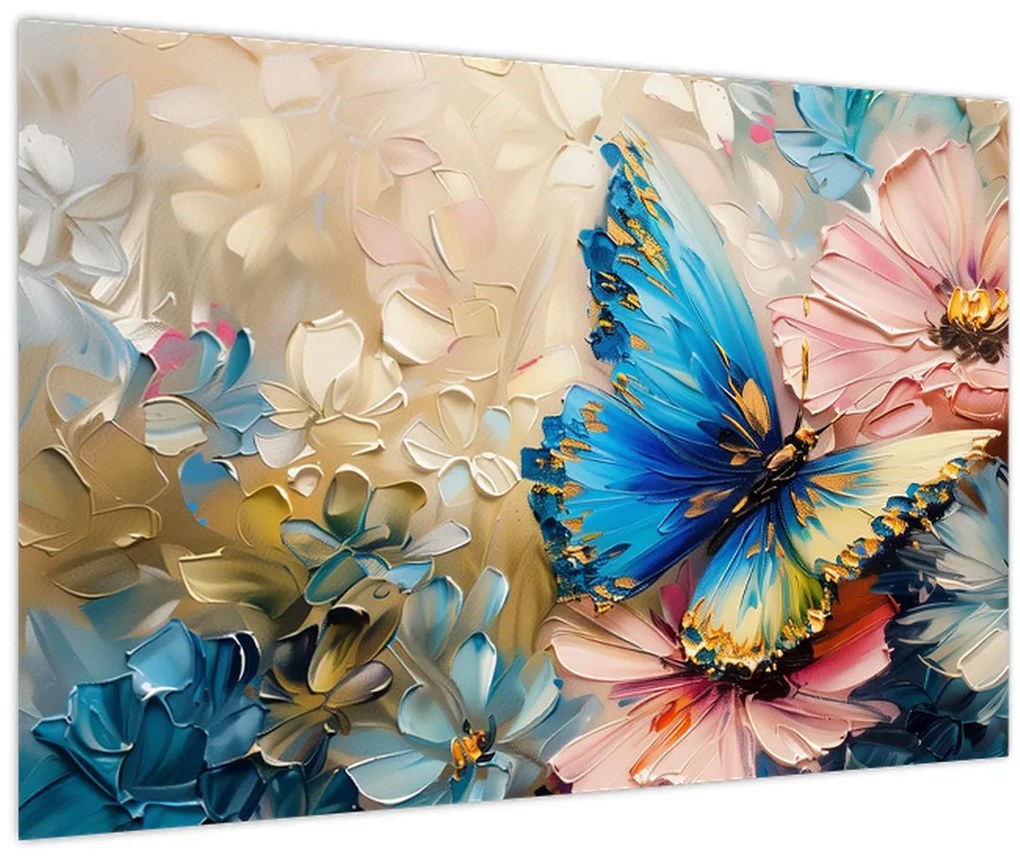 Tablou - Pictura de flori și fluturi (90x60 cm)