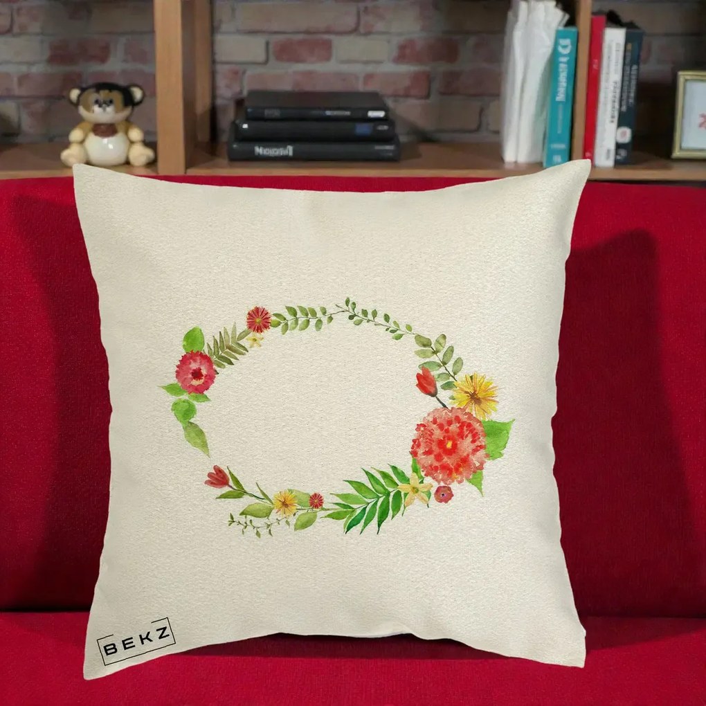Perna Decorativa Coroana Florala Acuarela, 40x40 cm, Ecru, Husa Detasabila, Perna Inclusa, BEKZ®