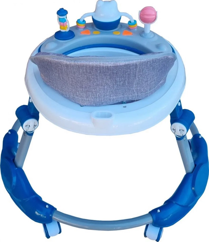 Premergator reglabil in 6 trepte de inaltime NOVOKIDS™ Little Kitty, Cu melodii, Pliabil, Max 20 kg, Roti silentioase, Model Pisicuta, Albastru