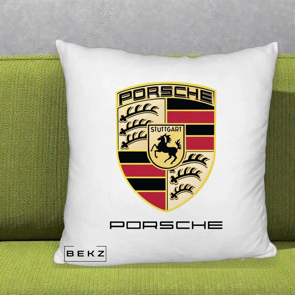 Perna Personalizata Porsche Stuttgart, 40x40 cm, Alb Pufos, Husa Detasabila, Perna Inclusa, BEKZ®