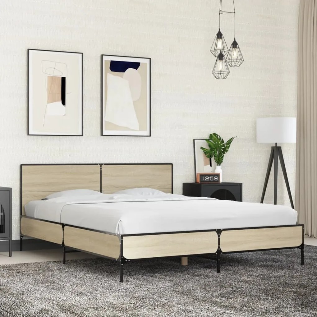vidaXL Cadru de pat, stejar sonoma, 150x200cm, lemn prelucrat și metal