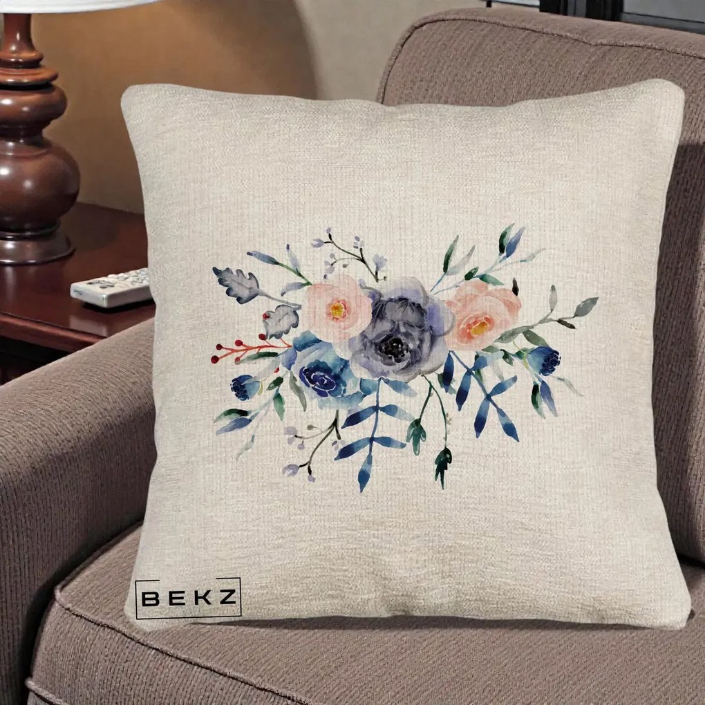 Perna Decorativa Buchet Flori Albastre Acuarela, 40x40 cm, Bej Canapea, Husa Detasabila, Perna Inclusa, BEKZ®