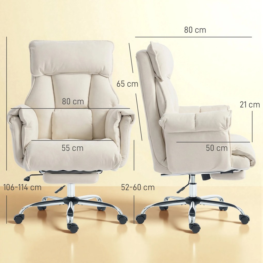 HOMCOM Scaun de birou Scaun rotativ reglabil pe înălțime cu suport lombar, suport pentru picioare, flanel Snow, 80 x 80 x 106-114 cm Alb crem | Aosom Romania