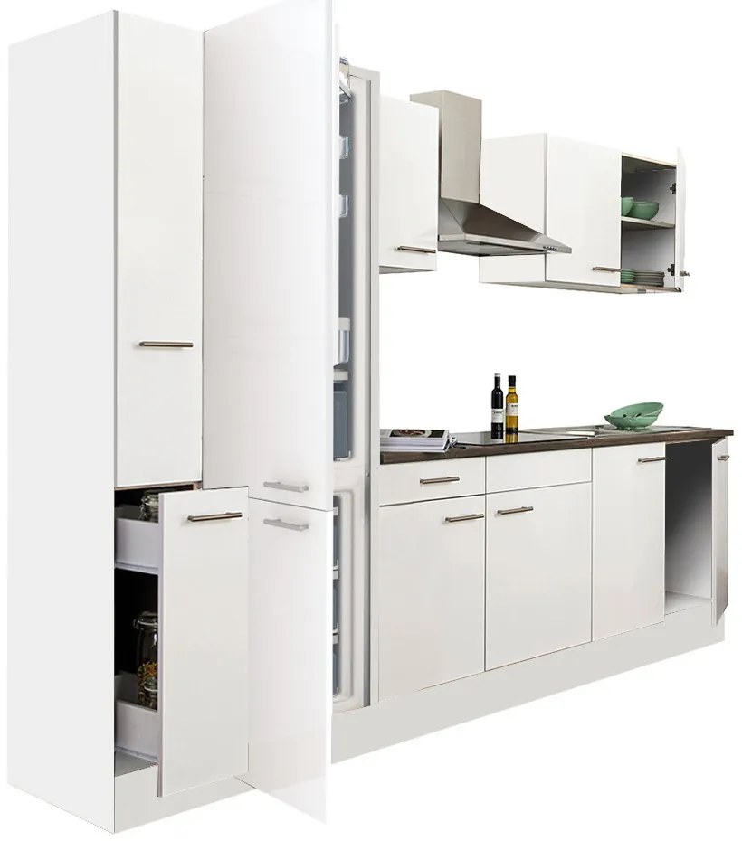 Mobilă de bucătărie Yorki 300, corp alb, față alb satinat, frigider cu congelator jos