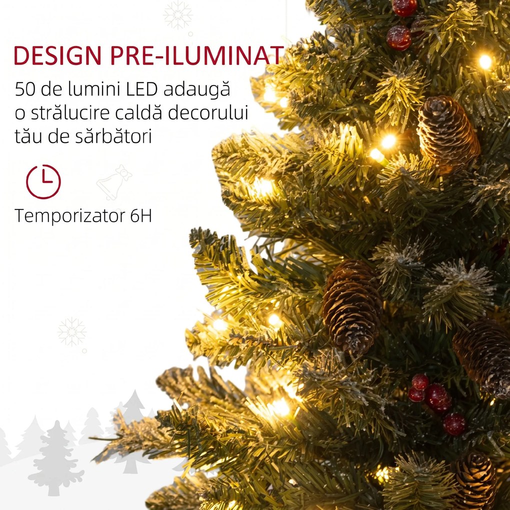 HOMCOM Mini brad de Crăciun 60 cm cu lumini integrate, 86 ramuri, conuri de pin, bobițe roșii, bază din ciment, verde | Aosom Romania