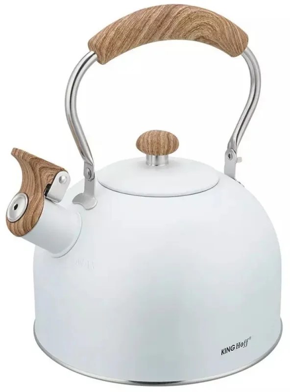 Ceainic cu fluier Kinghoff KH 1860, 2.5l, Inductie, Maner din lemn, Alb