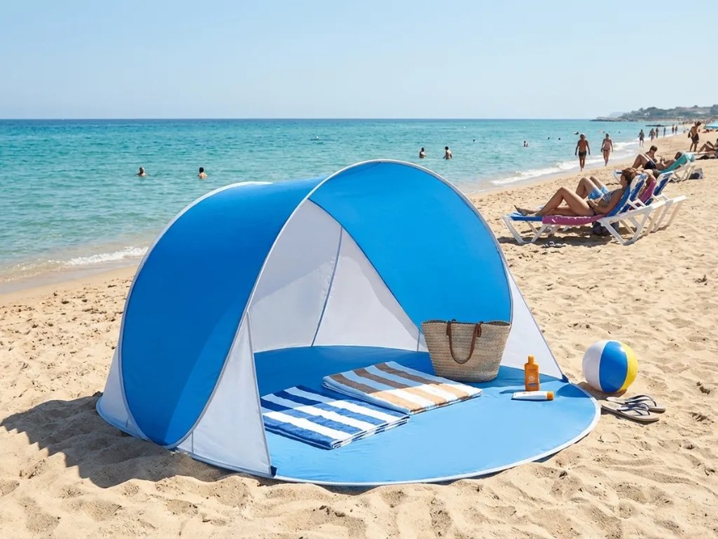 Cort de plaja cu auto-deschidere SUNSHADE 190x120 cm, albastru/alb