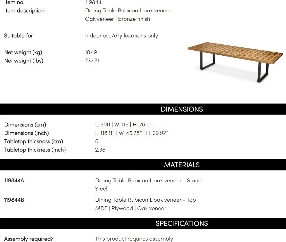 Masa dining LUX furnir de stejar Rubicon L, 300x115cm