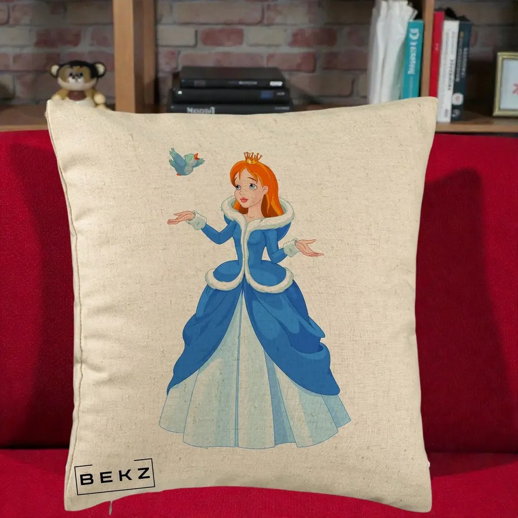Perna Personalizata Printesa Albastra cu Pasare, 40x40 cm, Bej, Husa Detasabila, Perna Inclusa, BEKZ®