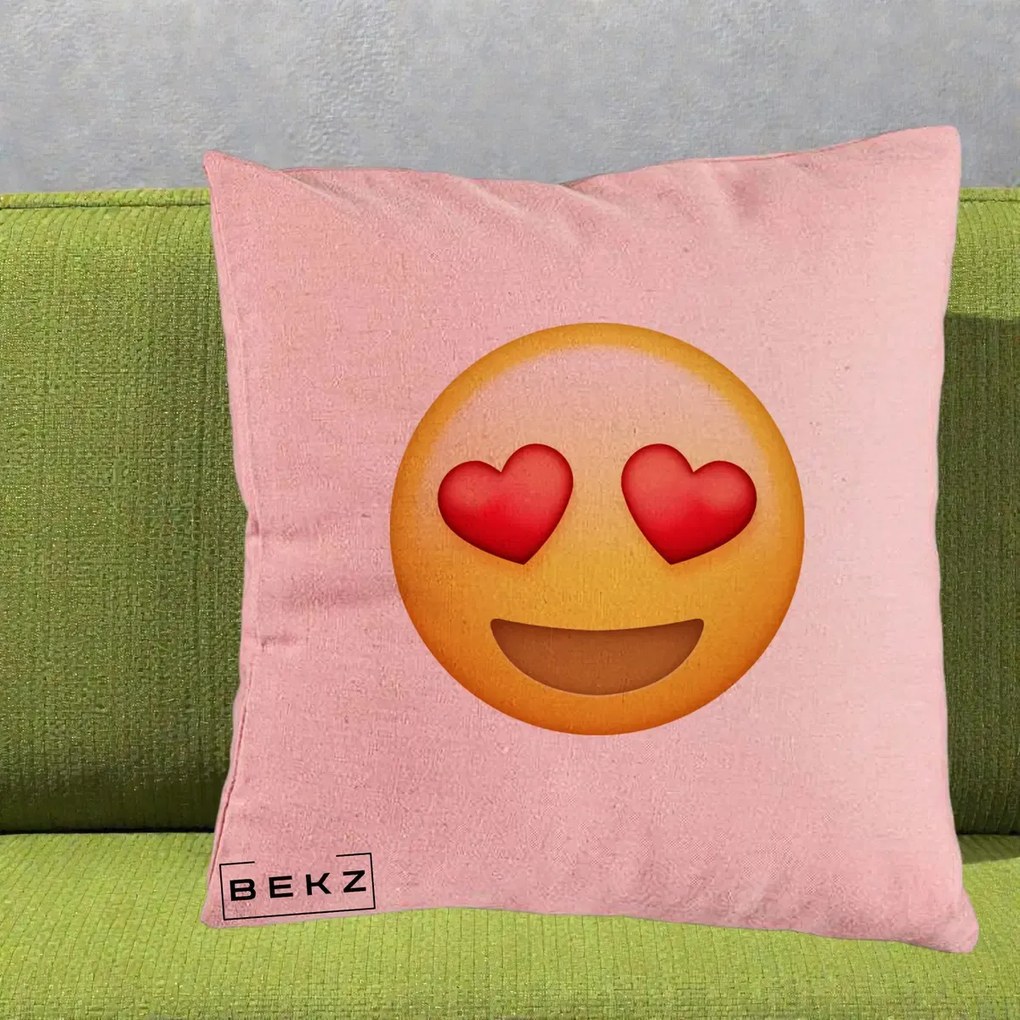 Perna Decorativa Emoji Inimi in Ochi, 40x40 cm, Roz, Husa Detasabila, Perna Inclusa, BEKZ®