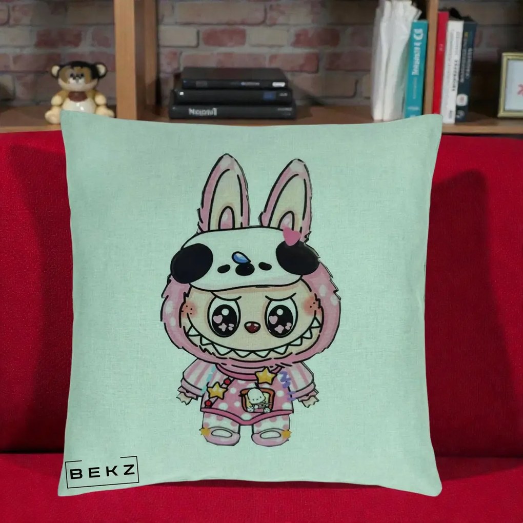Perna Personalizata Labubu Panda-Bunny Roz, 40x40 cm, Verde Menta, Husa Detasabila, Perna Inclusa, BEKZ®