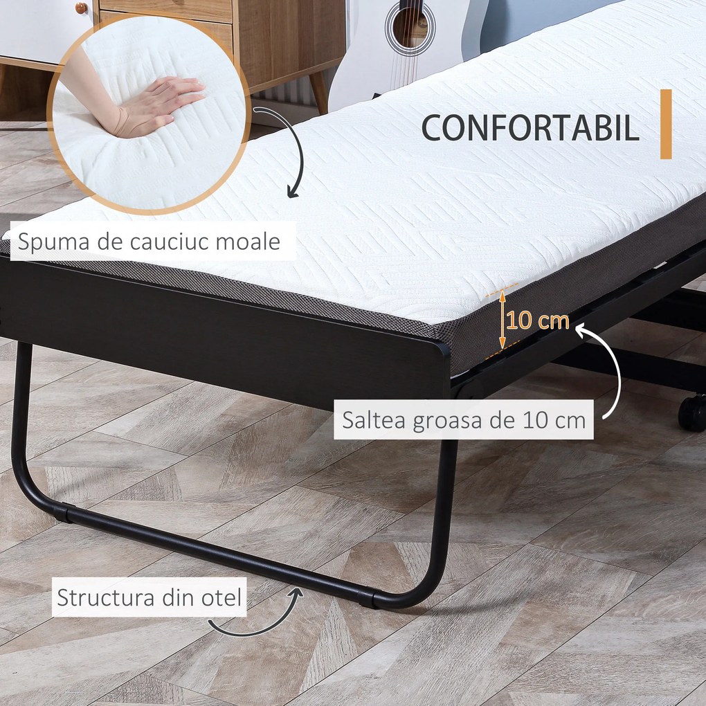Pat pliant cu saltea de 10 cm inaltime HOMCOM, pentru o persoana cu roti si lamele, 80x200cm, negru | Aosom RO
