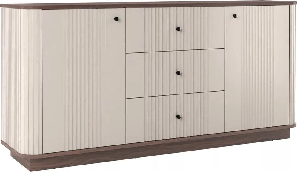 Comodă cu sertare pe soclu Vesper 160 cm - cașmir / nuc / mânere negre
