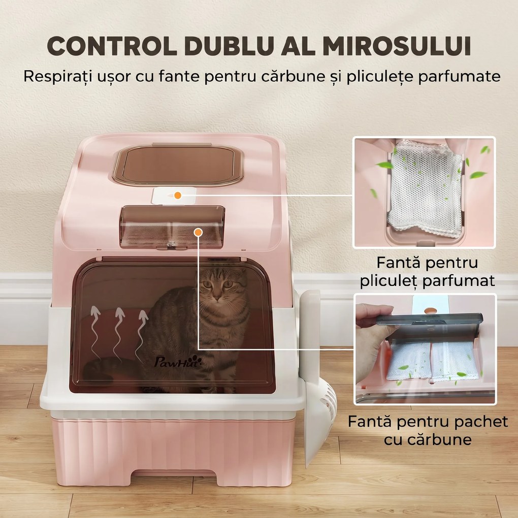 PawHut Litieră pentru Pisici cu Capac, Tavă Detașabilă, Anti Miros, 48x35x36 cm, Roz | Aosom Romania