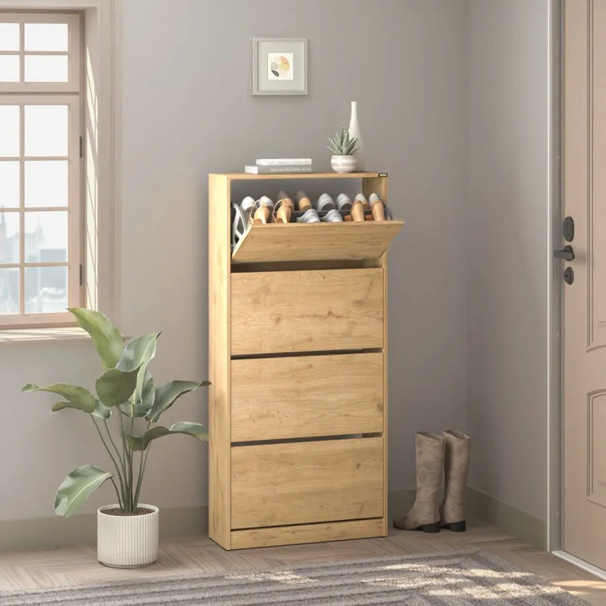 Dulap Pantofi Inalt Adore XL – Pantofar cu Adancime Slim (26 cm) pentru Hol, 4 Compartimente Rabatabile, Capacitate 24 Perechi