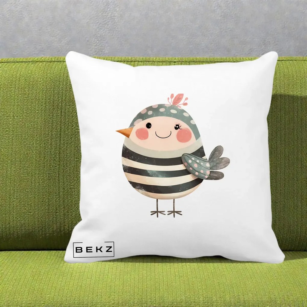 Perna Decorativa Pui Kawaii Teal cu Flori, 40x40 cm, Alba Mata, Husa Detasabila, Perna Inclusa, BEKZ®