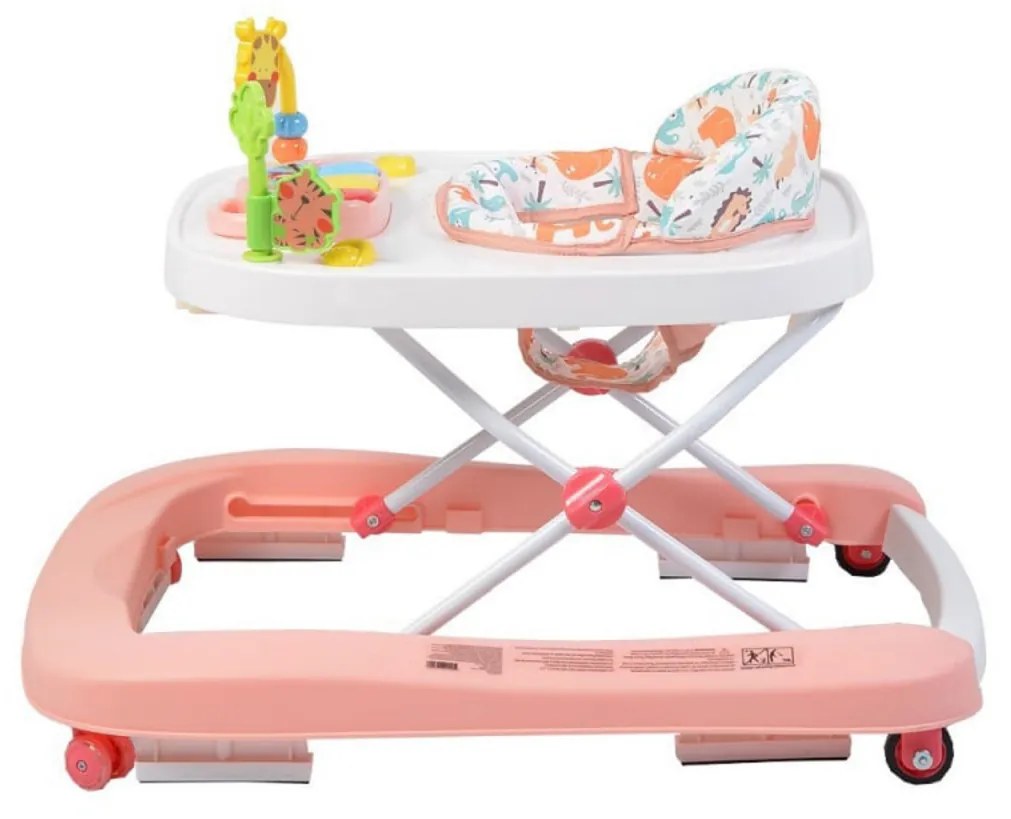 Premergator Premium reglabil in 3 trepte de inaltime NOVOKIDS™ ZooZoo Baby ,Roti silentioase din silicon, Cu melodii, Animalute, Pliabil, Roz