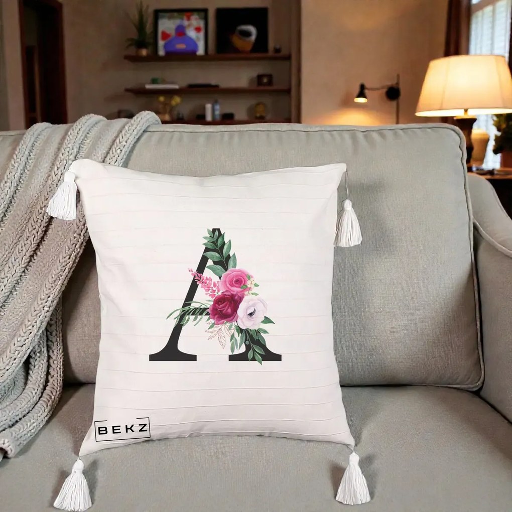 Cadou Personalizat - Perna Personalizata Monograma Florala Litera A, 40x40 cm, Bej cu Franjuri, Husa Detasabila, Perna Inclusa, BEKZ®