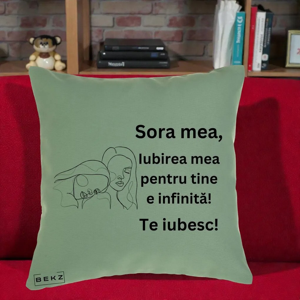 Cadou pentru Sora - Perna Personalizata Sora Mea Te Iubesc Line Art Portrete Fata in Fata, 40x40 cm, Verde, Husa Detasabila, Perna Inclusa, BEKZ®