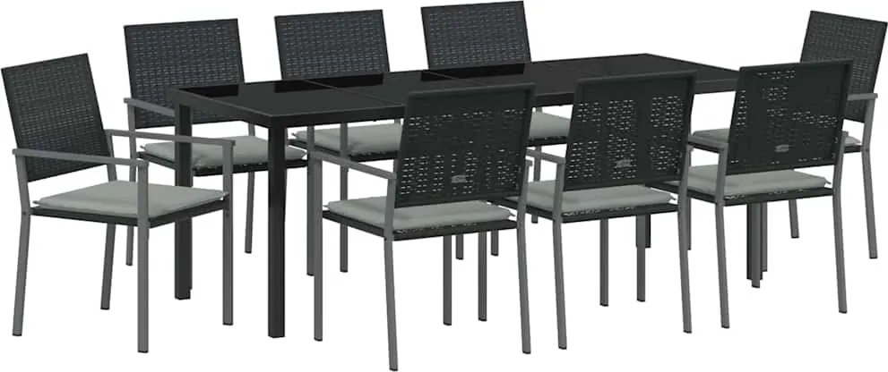vidaXL Set de masă pentru grădină 9 pcs Negru și Gri Deschis Ratan PE