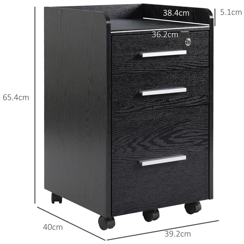 HOMCOM Dulap Portadocumente din Lemn cu 3 Sertare cu Chei de Securitate și 5 Roți, 39.2x40x65.4 cm, Negru | Aosom Romania