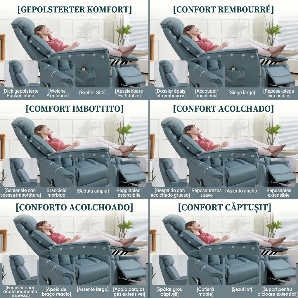 HOMCOM Fotoliu Electric cu Ridicare, Reglabil până la 145°, cu Telecomandă, 80x94x104 cm, Albastru Deschis | Aosom Romania