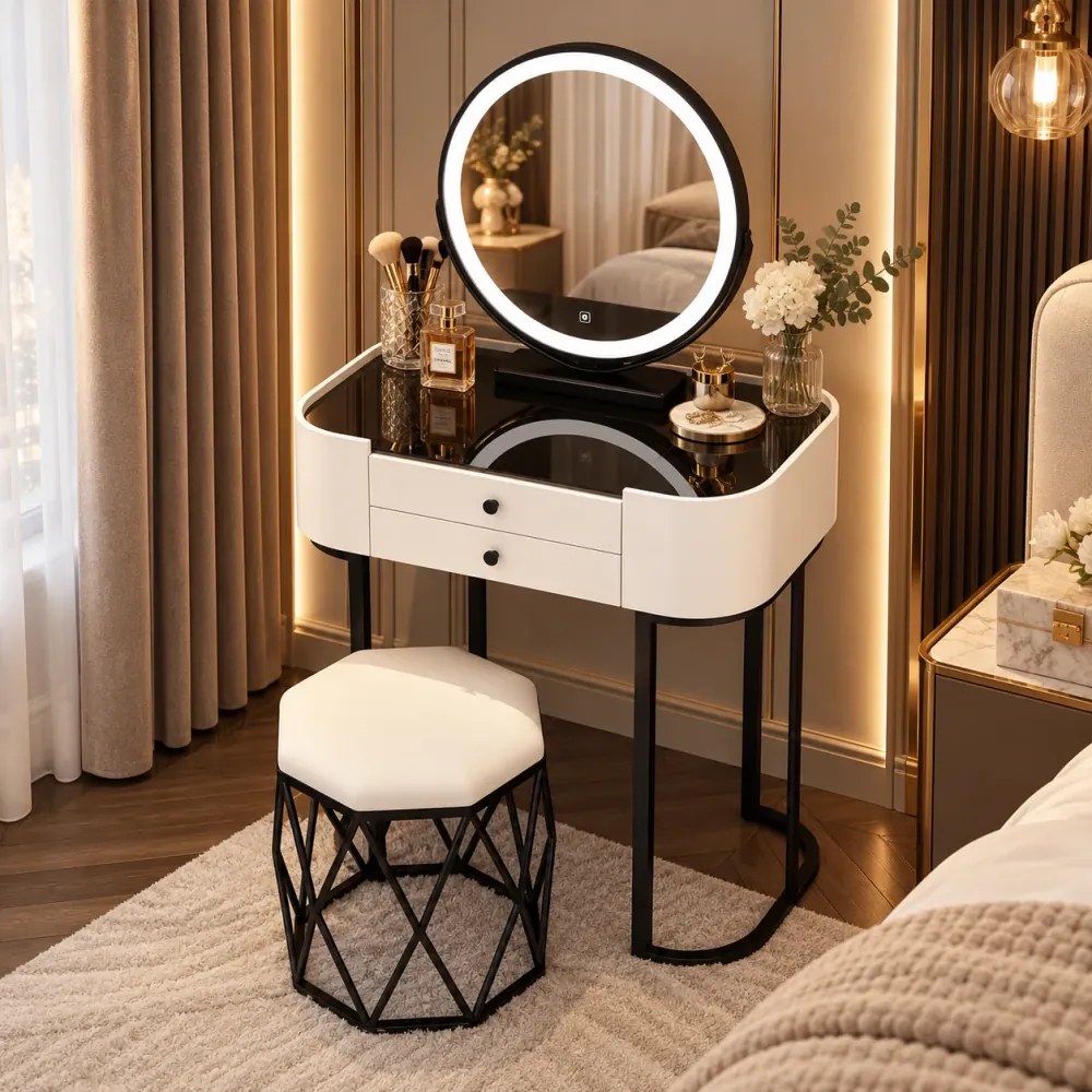 Set MAYA – Masă de Toaletă pentru Machiaj, cu Oglindă Iluminată LED, Control Touch, Taburet tapitat, Alb/Negru