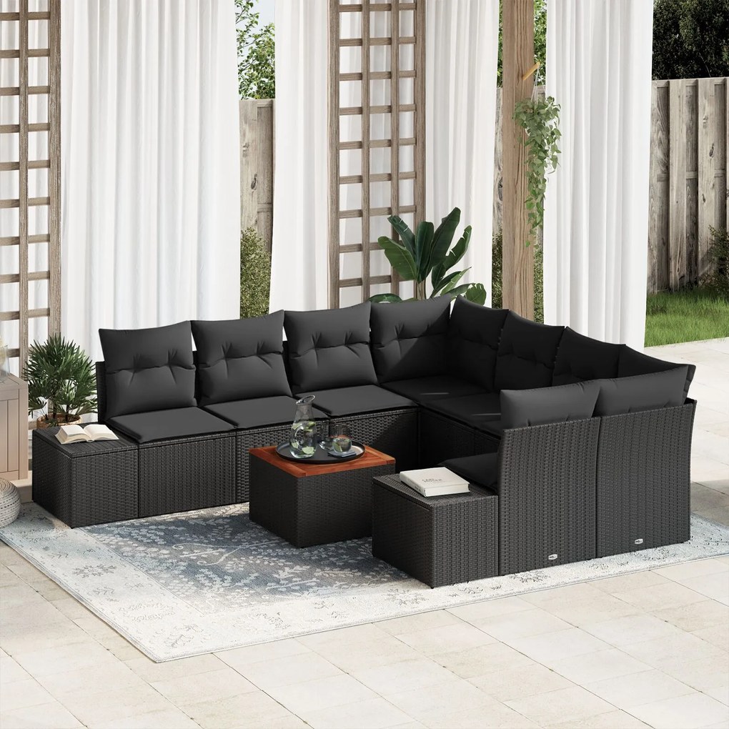 vidaXL Set Canapele de Grădină 9 Piese, cu Perne, Ratan Poliester Negru, Acacia