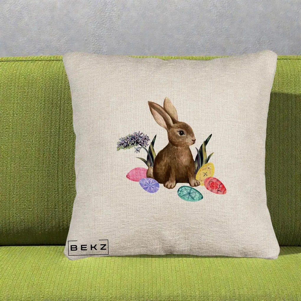 Perna Decorativa Iepuras cu Oua de Pasti Acuarela, 40x40 cm, Bej Canapea, Husa Detasabila, Perna Inclusa, BEKZ®