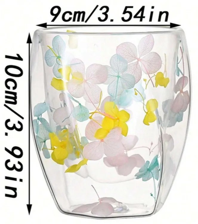 Pahar din sticlă, pereți dubli, flori uscate, hortensie galbenă, albastră și roz, 250 ml