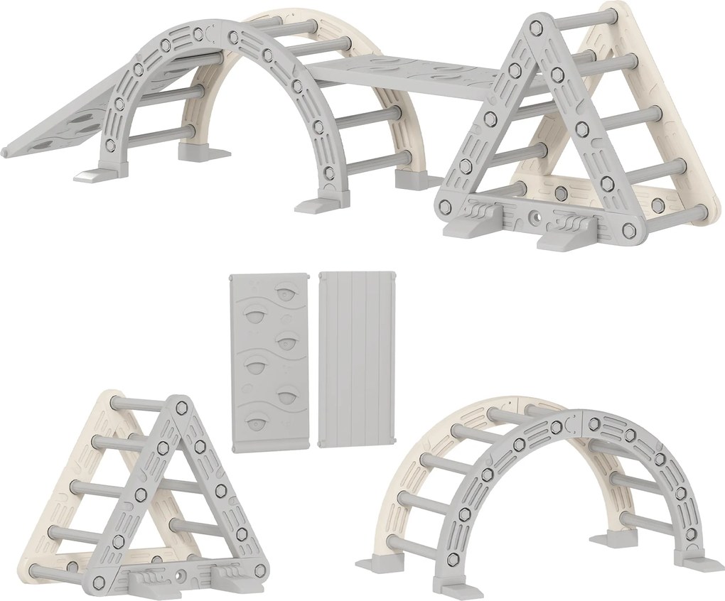AIYAPLAY 8-în-1 Triunghi de cățărat pentru copii, arc de cățărat, rampă dublă pentru urcat &amp; alunecat, 279 x 80 x 69 cm, gri | Aosom Romania
