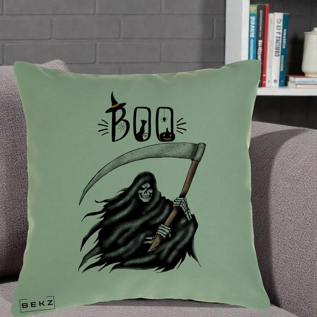 Perna Decorativa Halloween Boo Grim Reaper cu Coasa, 40x40 cm, Verde, Husa Detasabila, Perna Inclusa, BEKZ®