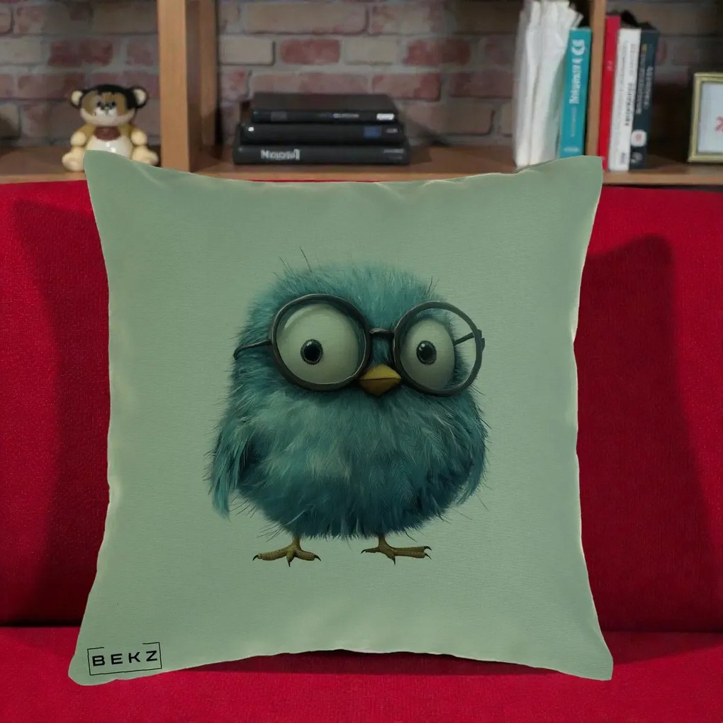 Perna Decorativa Pui Pufos Teal cu Ochelari, 40x40 cm, Verde, Husa Detasabila, Perna Inclusa, BEKZ®