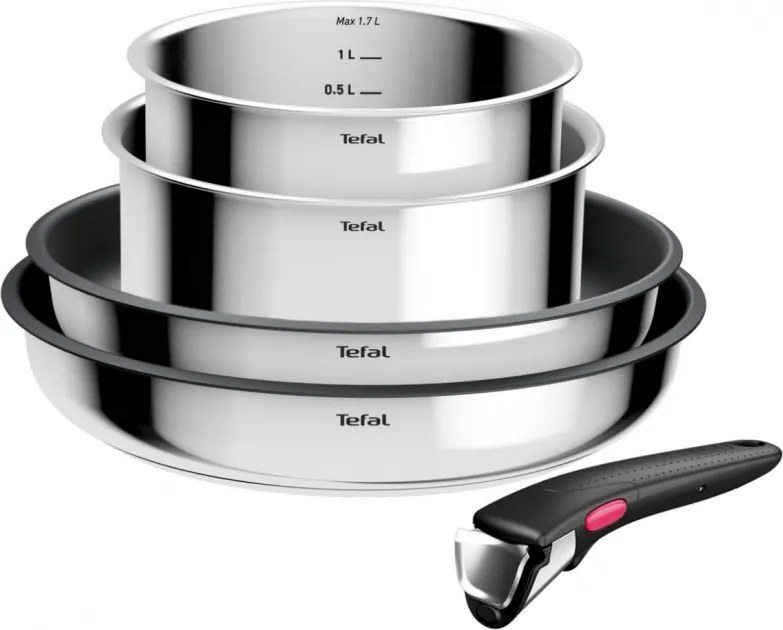 Set de tigaii si cratite Tefal L881S504, 5 piese, Otel inoxidabil, Acoperire antiaderenta din titan, Rezistente la cuptor pana la 250°C, Maner detasabil, Inductie, Argintiu