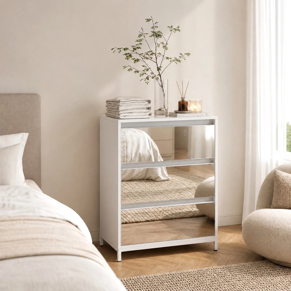 HOMCOM Comodă cu 3 Sertare și Fronturi Oglindă, Design Modern pentru Dormitor sau Hol, 60x35x80 cm, Albă | Aosom Romania
