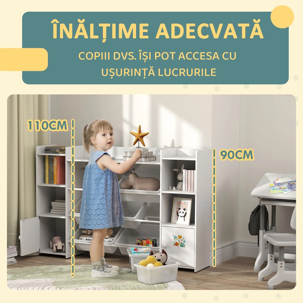 AIYAPLAY Dulap pentru jucării pentru copii cu 8 recipiente detașabile și dulapuri, 140x30x90 cm, alb | Aosom Romania
