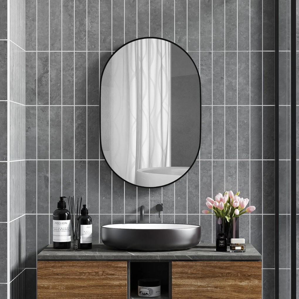 HOMCOM Oglindă pentru Baie cu Ramă din Aluminiu, 40x70 cm, Negru | Aosom Romania