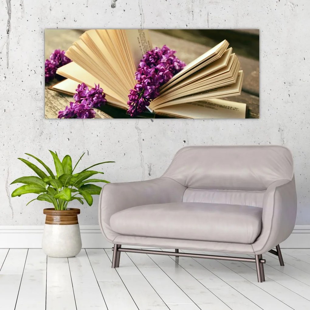 Tablou cu carte și floare violetă (120x50 cm)