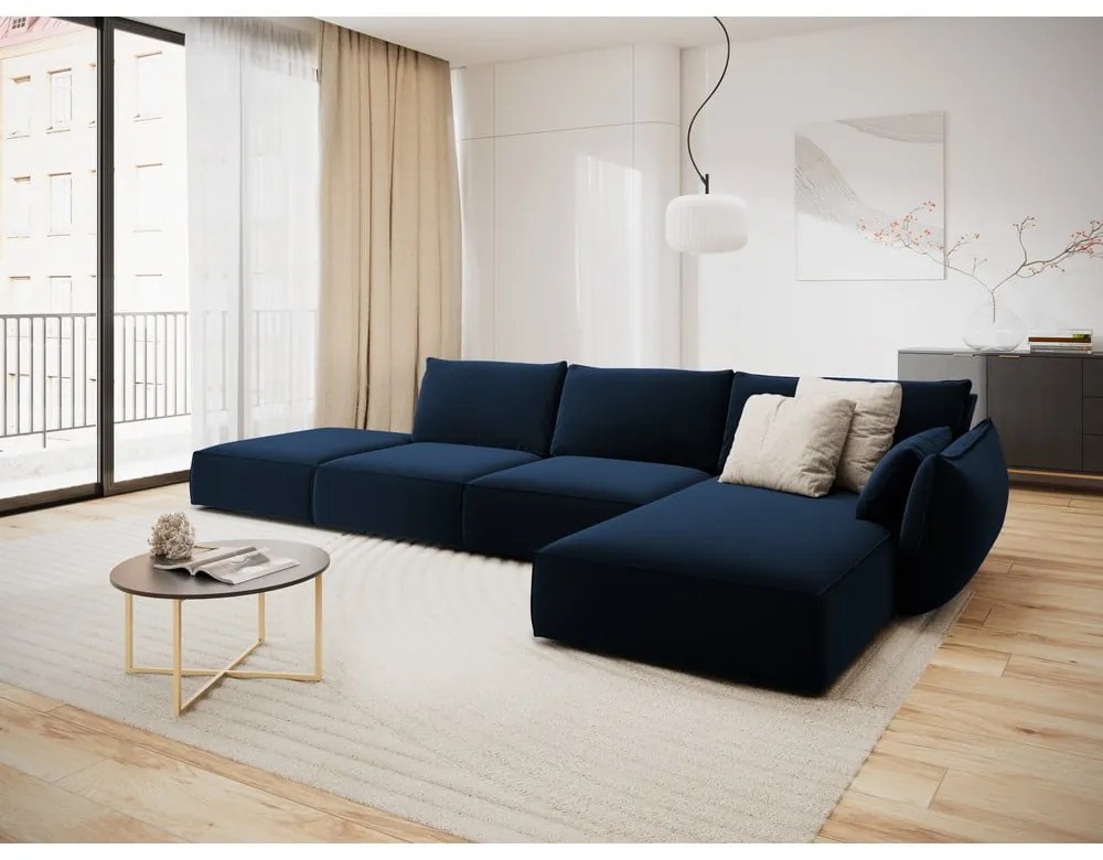 Colțar albastru închis cu tapițerie din catifea (cu colț pe partea dreaptă, cu șezlong) Vanda – Mazzini Sofas