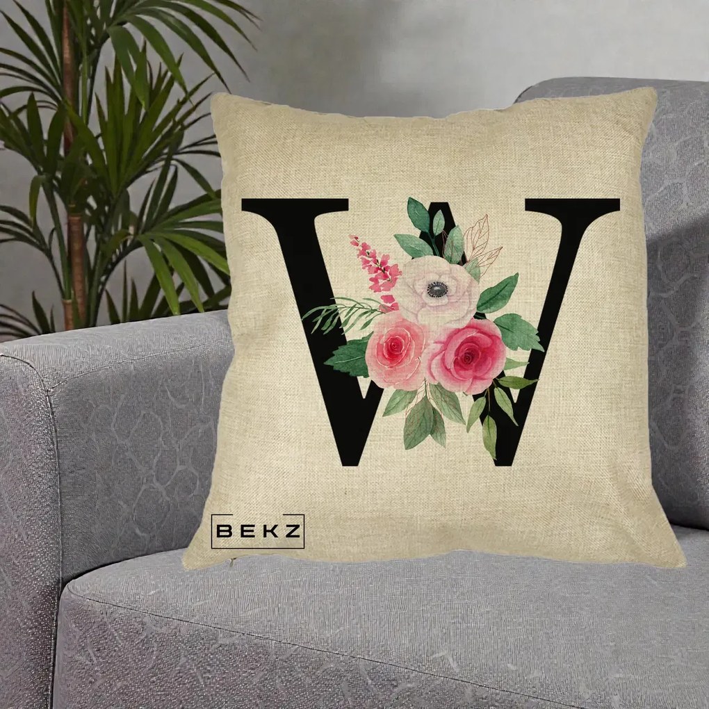 Cadou Personalizat - Perna Personalizata Monograma Florala Litera W cu Trandafiri si Anemona, 40x40 cm, Crem, Husa Detasabila, Perna Inclusa, BEKZ®