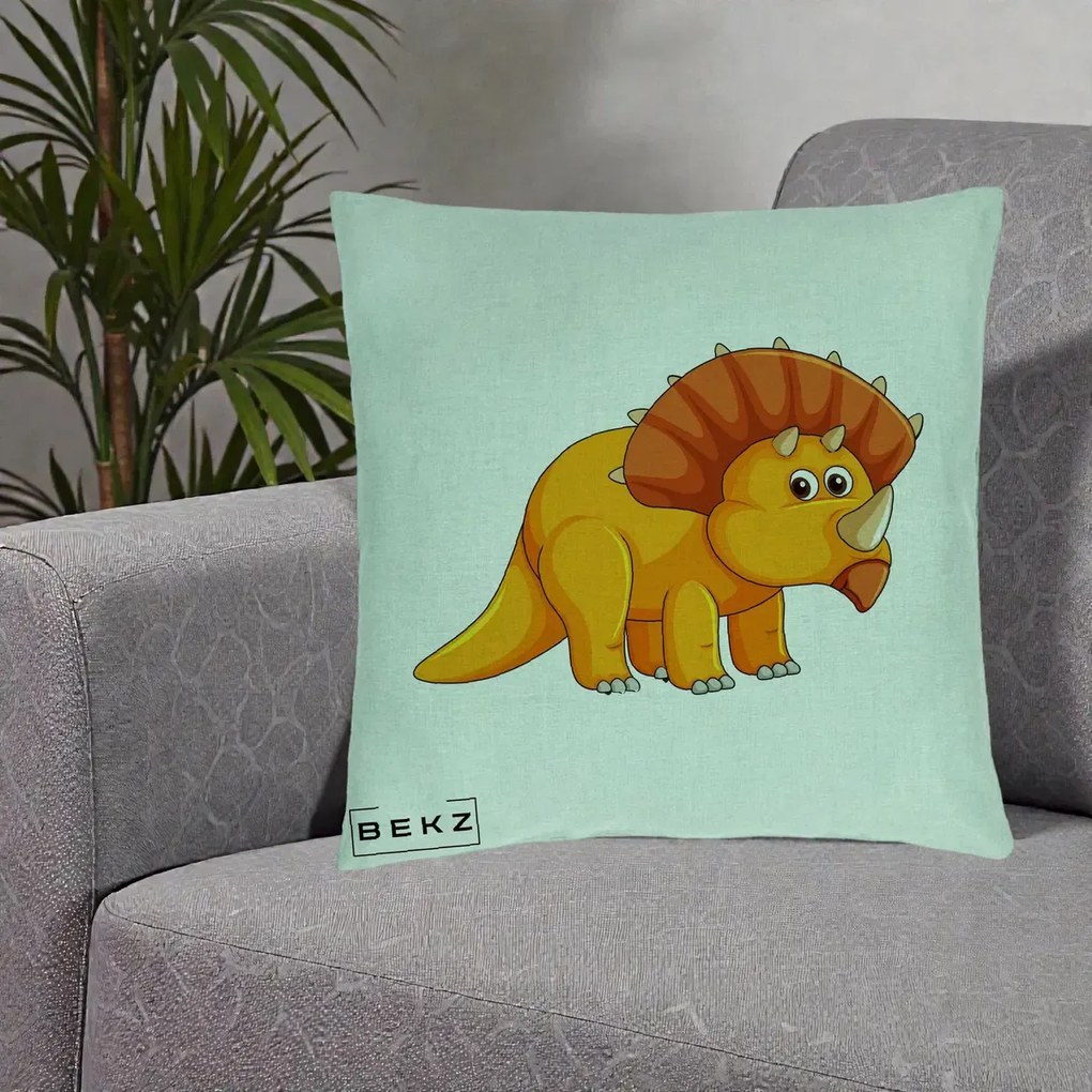 Perna Decorativa Triceratops Portocaliu, 40x40 cm, Verde Menta, Husa Detasabila, Perna Inclusa, BEKZ®