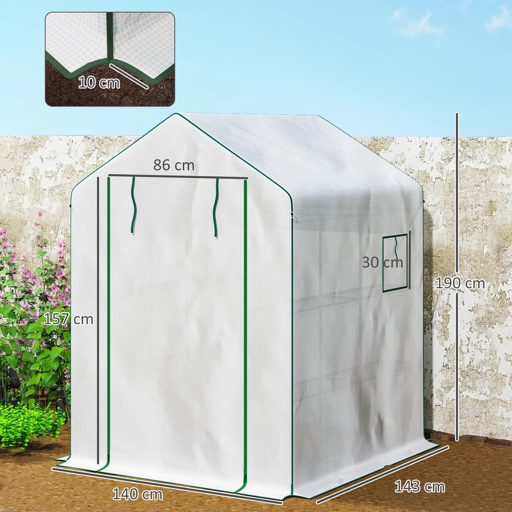 Outsunny Seră de grădină cu 1 ușă 2 ferestre rafturi 3 nivele pentru Legume Plante Flori Pânză PE 140 x 143 x 190 cm alb | Aosom Romania